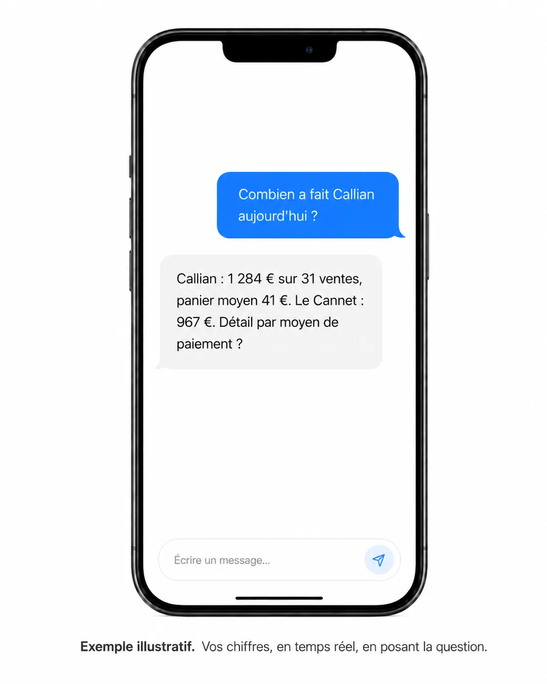 Chiffres de caisse consultés sur téléphone en langage courant : combien a fait Callian aujourd'hui, comparaison des deux boutiques
